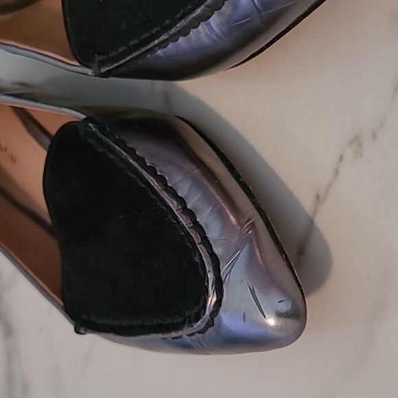Coach Walsh Silver Metallic Mirror Leather Black Suede Pointed Toe Flats Shoes 6 - Picture 4 of 14